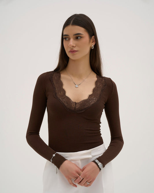 Calina Long Lace Top - Chocolate